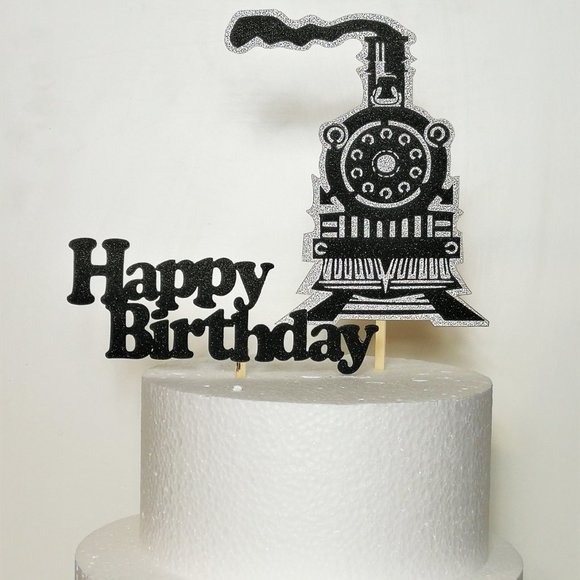 3D Locomotive Train Happy Birthday Black on Silver - Picture 3 of 3